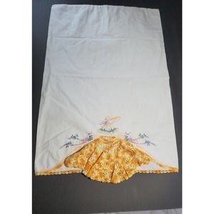 Vintage Pillow Case Crochet Embroidered Victorian Lady in Large Sun Hat Flowers